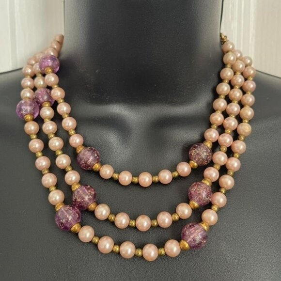 Reinad Jewelry - Vintage Signed REINAD Multi Strand Faux Pearl Necklace Champagne Beige Purple